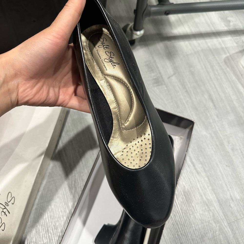 Black leather work heels